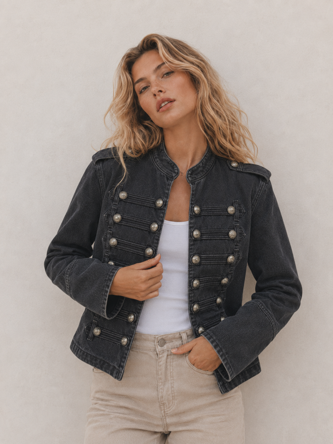 Vintage Button-Detail Cropped Jacket
