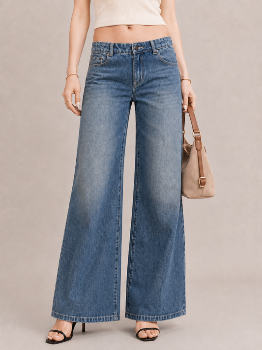 Street Print Detail Baggy Wide-Leg Jeans