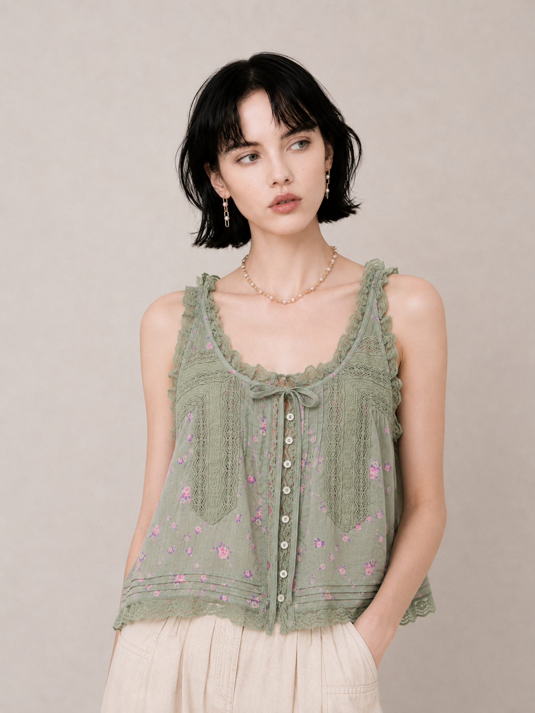 Sweet Lace-Trim Flowy Cami Top