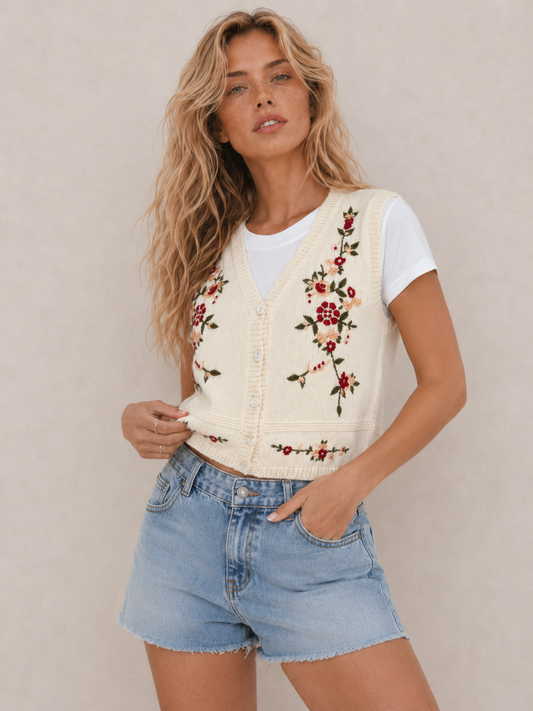Vintage Floral Sleeveless Knit Waistcoat