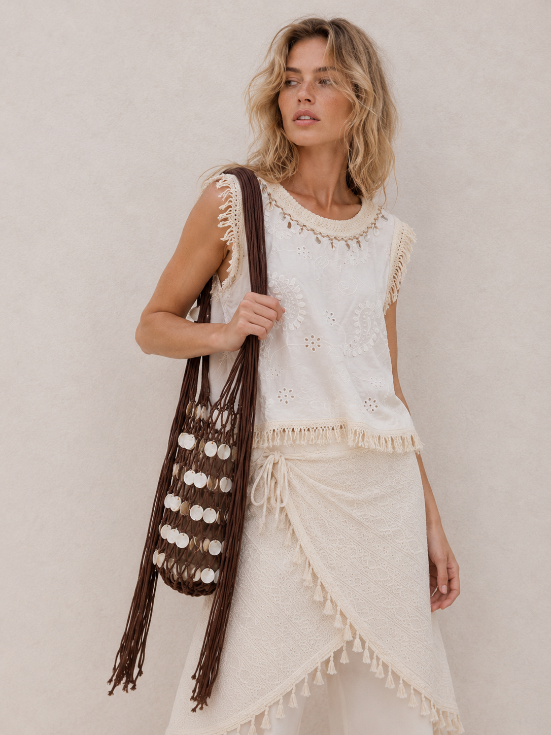 Shell Tassel Decor Mesh Large Shoulder Tote Bag