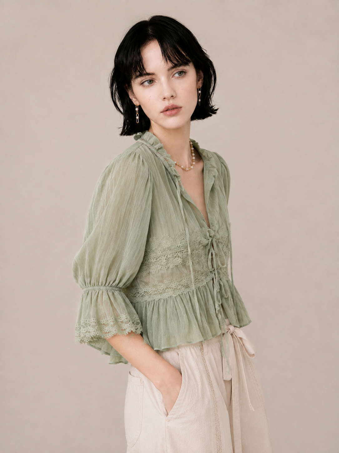 Romantic Lace-Trim Relaxed Blouse