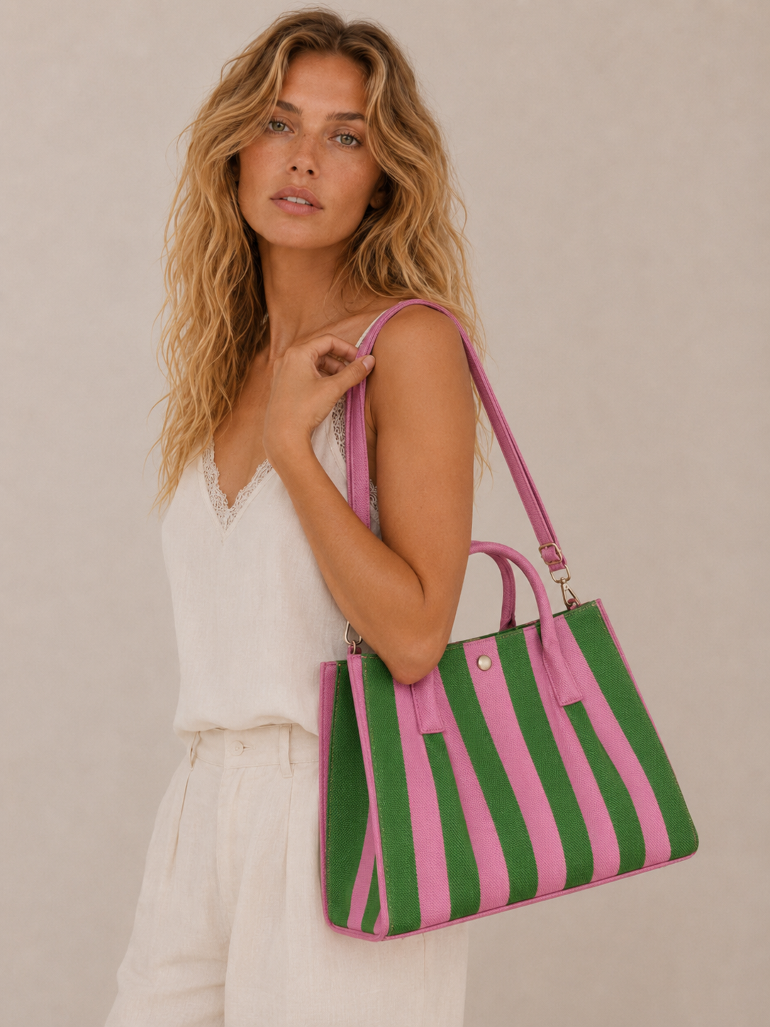 Striped Canvas Tote Bag with Crossbody Strap