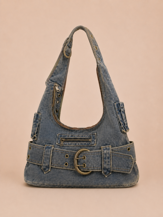 Vintage Buckle-Front Slouchy Shoulder Bag