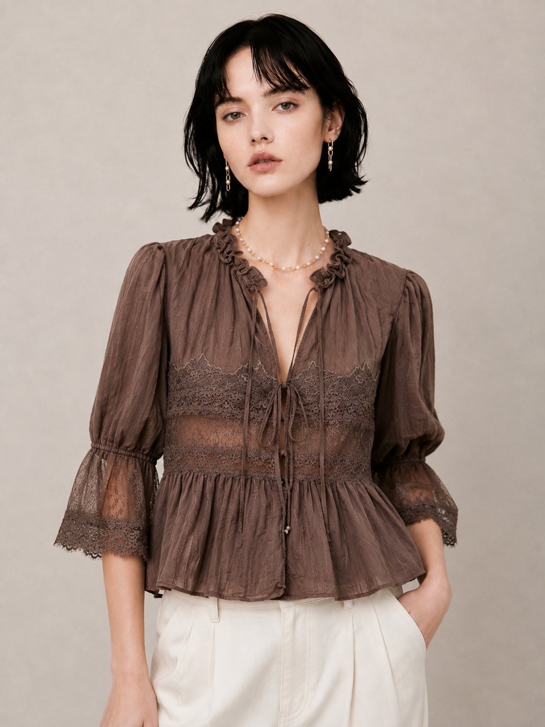 Romantic Lace-Trim Relaxed Blouse