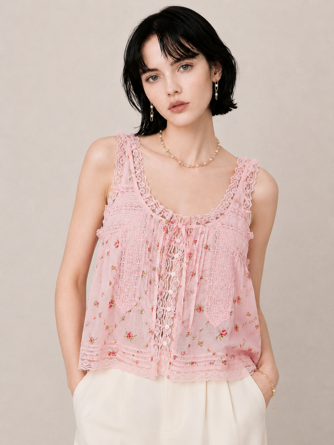 Sweet Lace-Trim Flowy Cami Top