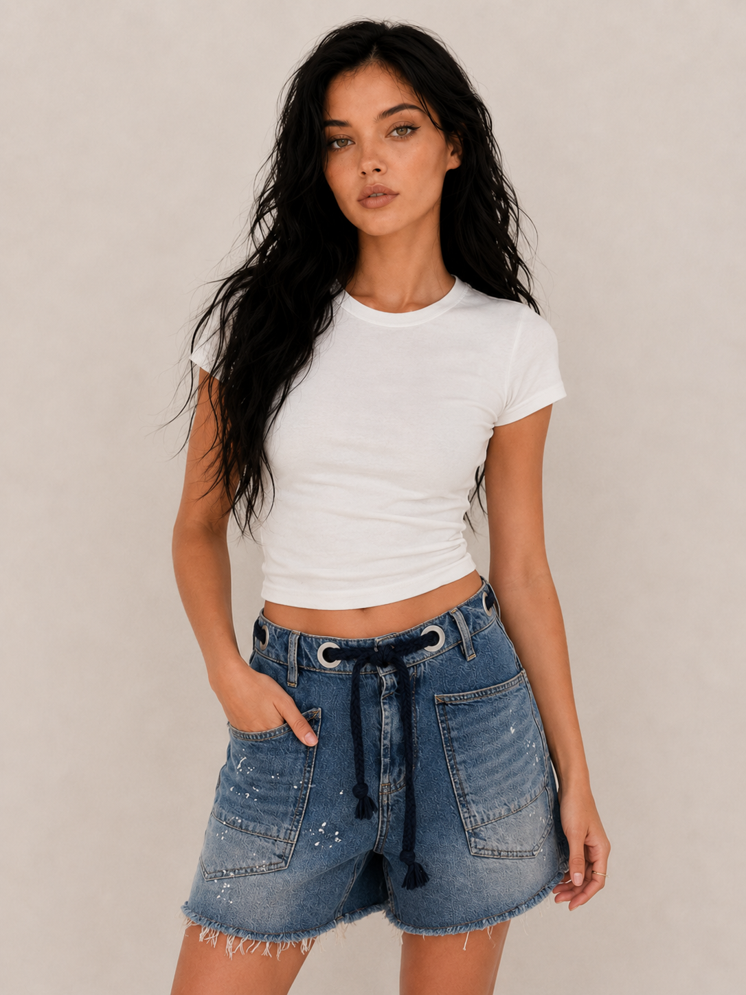 Women's Casual Denim Shorts with Drawstring Waist