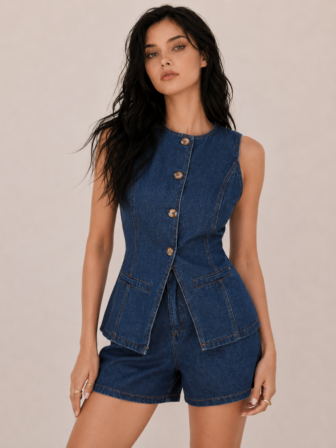 Vintage Button-Front Peplum Shorts Set