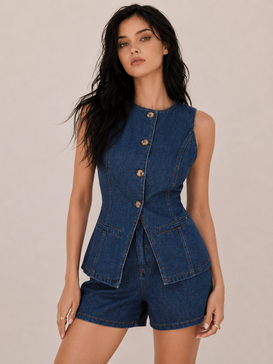 Vintage Button-Front Peplum Shorts Set