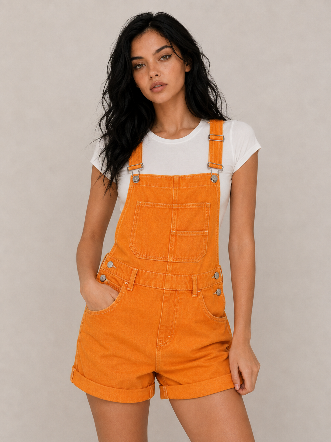 Women's Denim Short Overalls with Pocket Detail