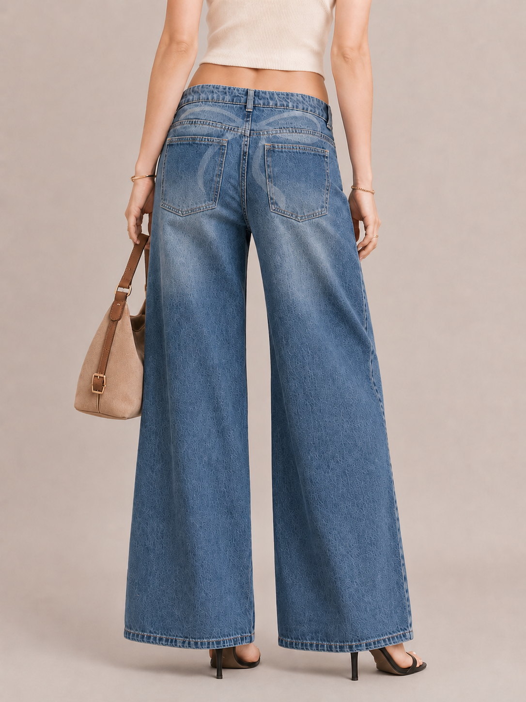 Street Print Detail Baggy Wide-Leg Jeans