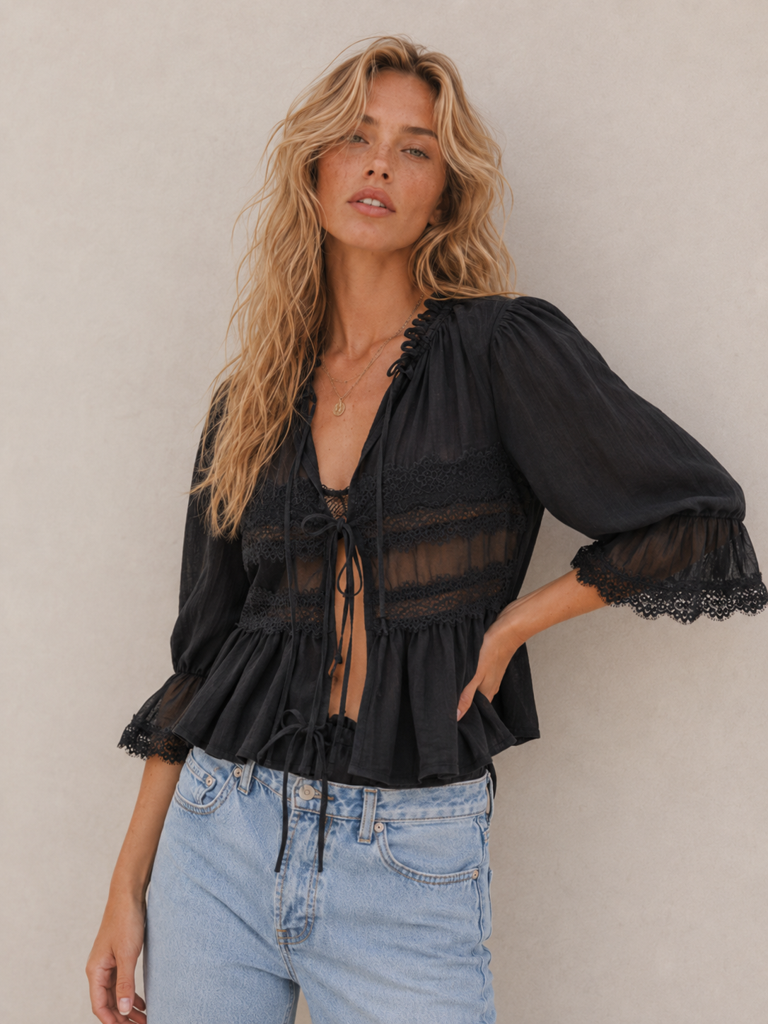 Romantic Lace-Trim Relaxed Blouse
