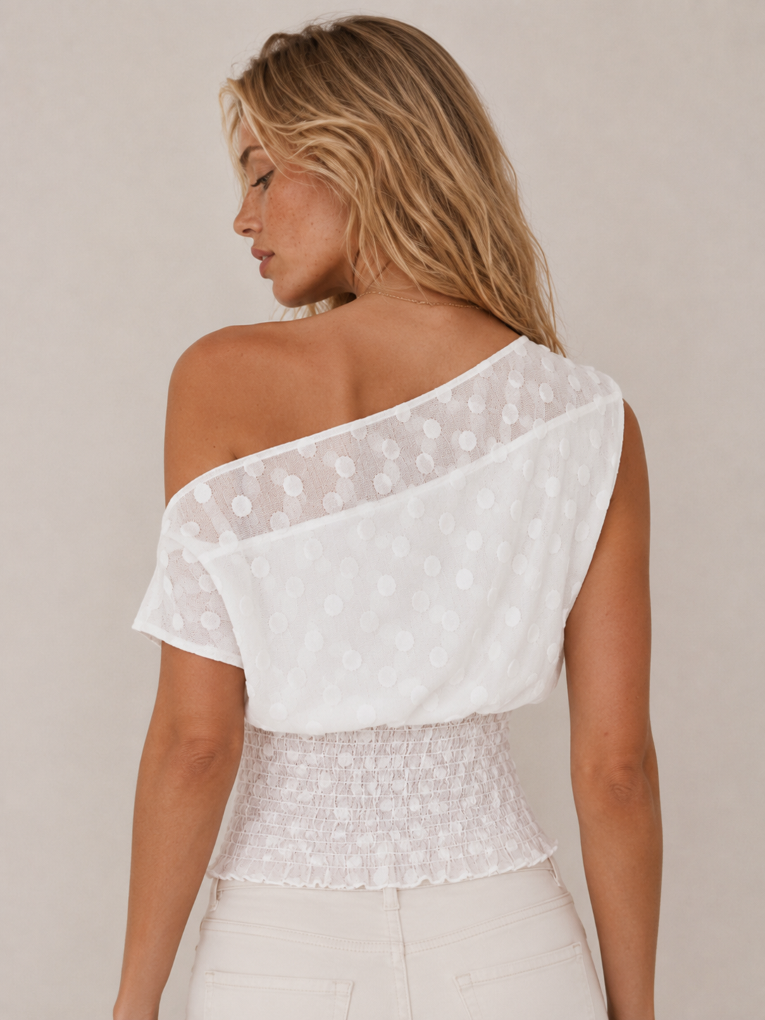 Chic Polka-Dot Fitted One-Shoulder Top