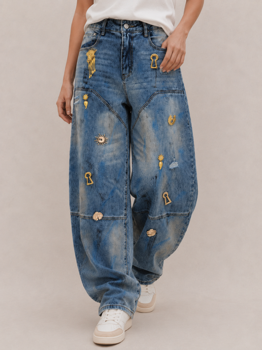 Vintage Charm-Detail Barrel-Leg Pants