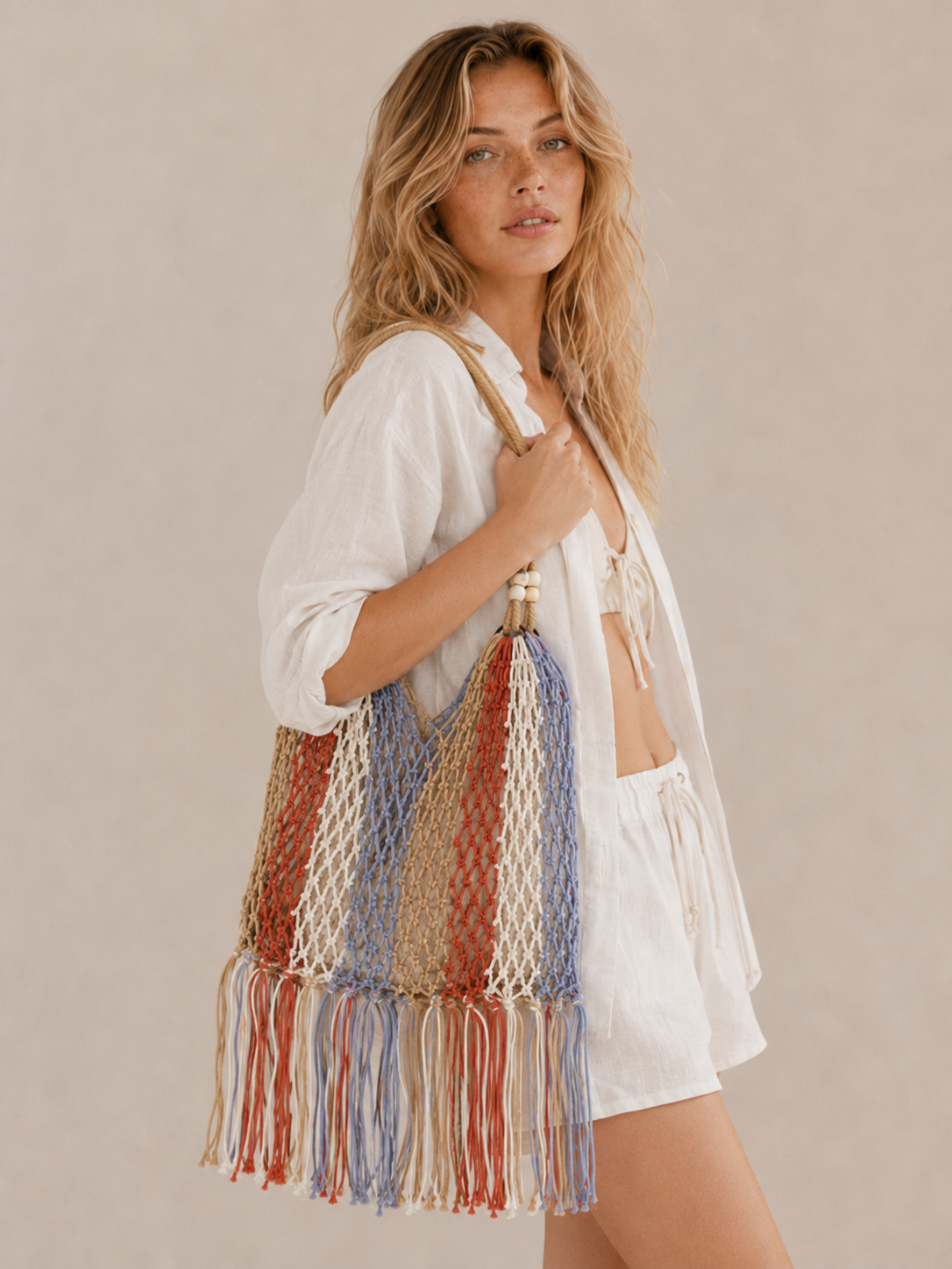 Boho Crochet Net Tote Bag with Fringe Detail