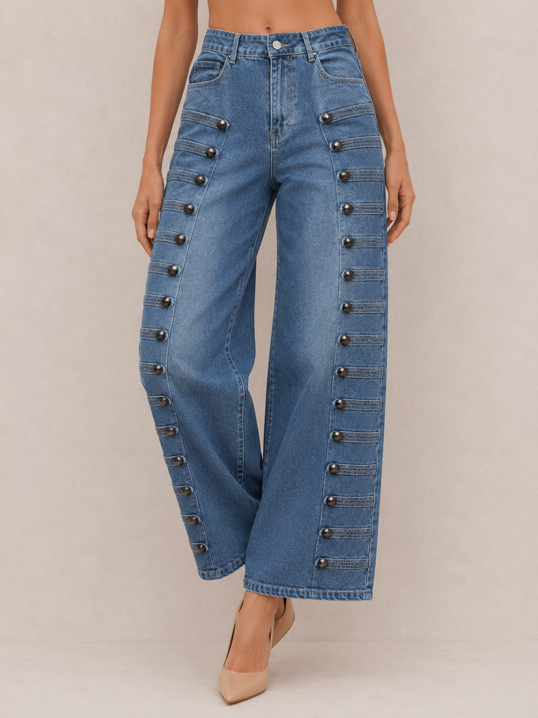 Vintage Button-Tab High-Waist Pants