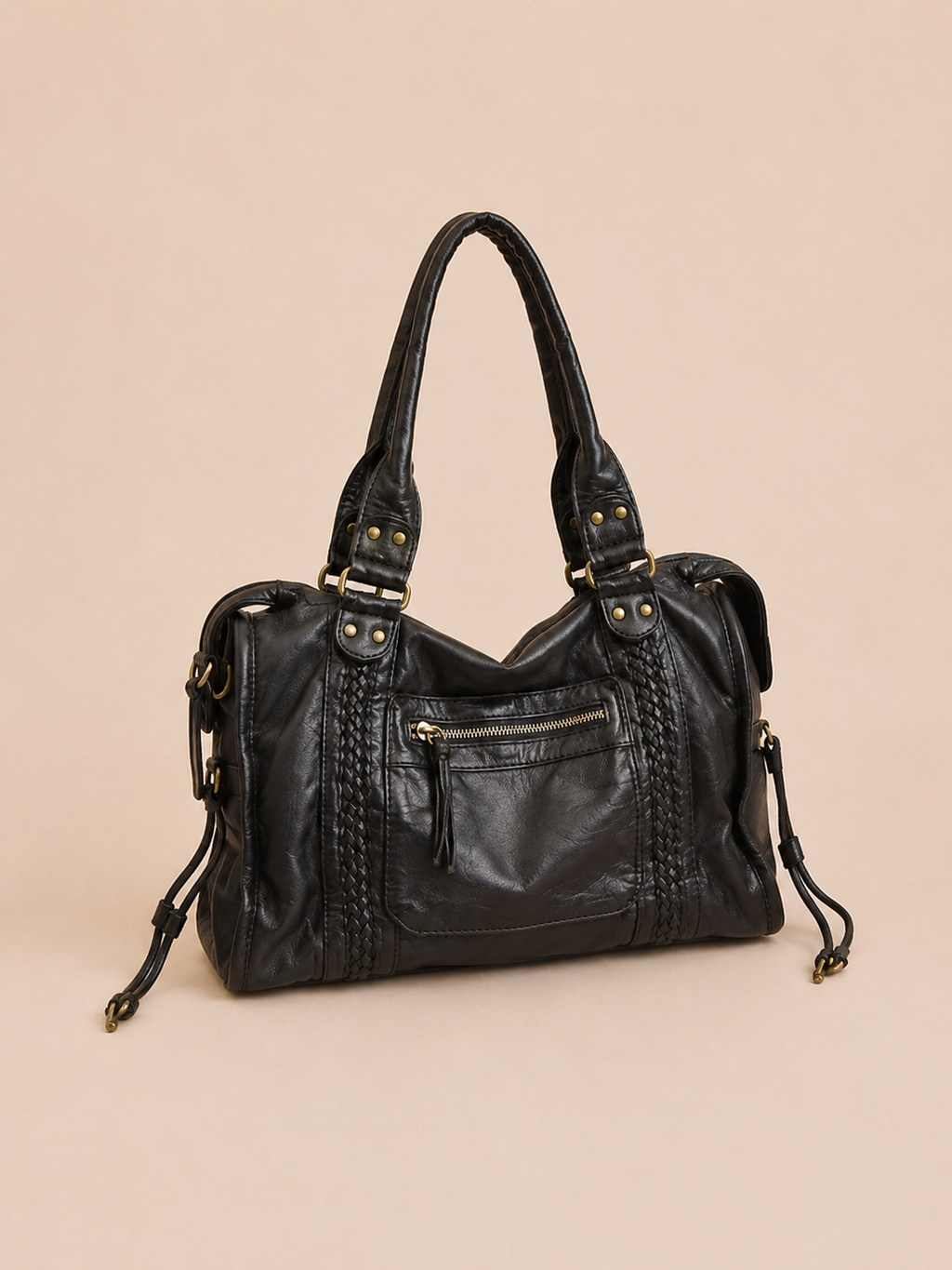 Vintage Zip-Pocket Structured Satchel Bag
