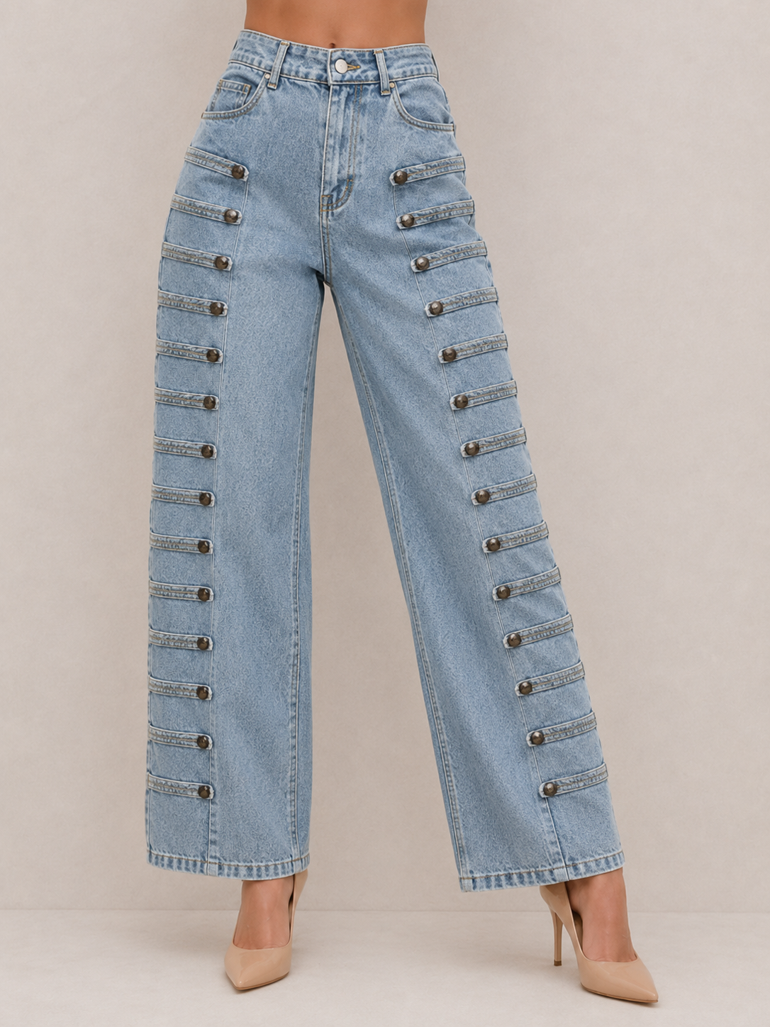 Vintage Button-Tab High-Waist Pants