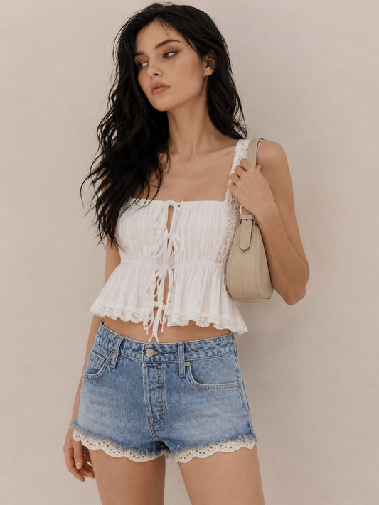 Lace Trim Casual Denim Shorts