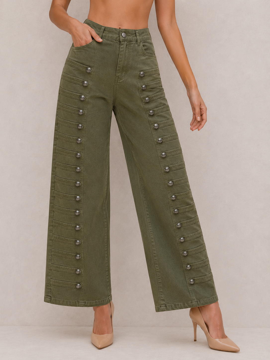 Vintage Button-Tab High-Waist Pants