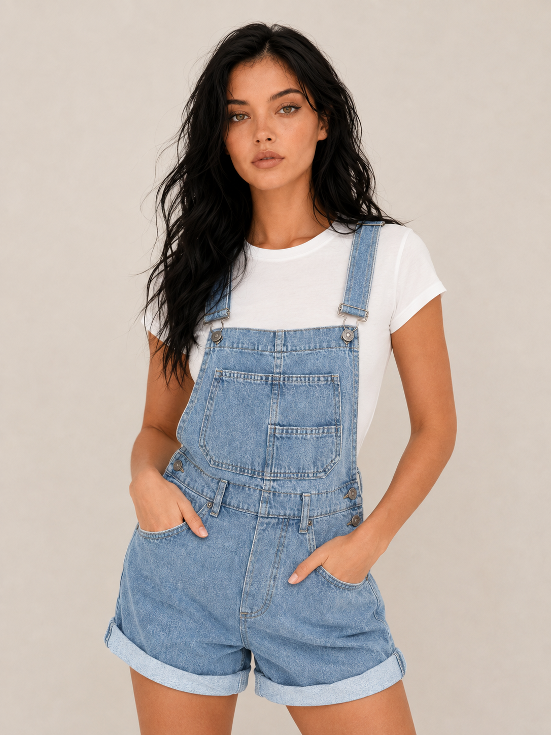 Women's Denim Short Overalls with Pocket Detail