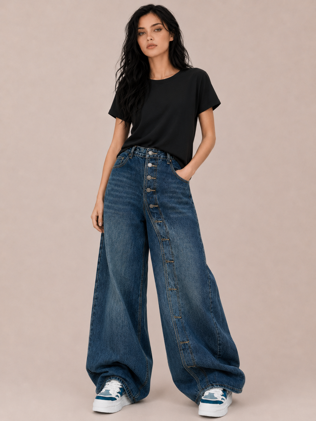 Vintage Button-Front Balloon-Leg Pants