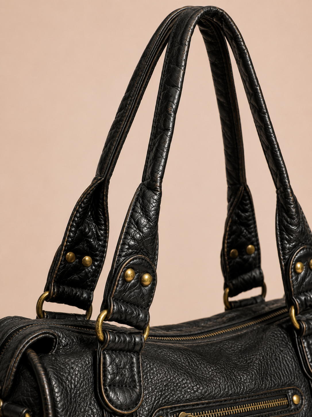 Vintage Zip-Pocket Structured Satchel Bag