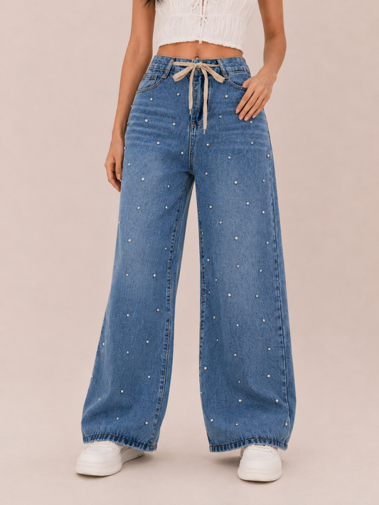 Chic Beaded Drawstring Wide-Leg Jeans