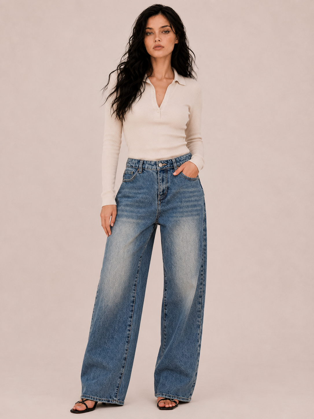 Vintage Heart-Pocket Wide-Leg Pants