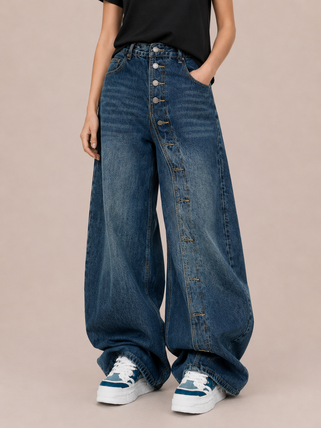 Vintage Button-Front Balloon-Leg Pants