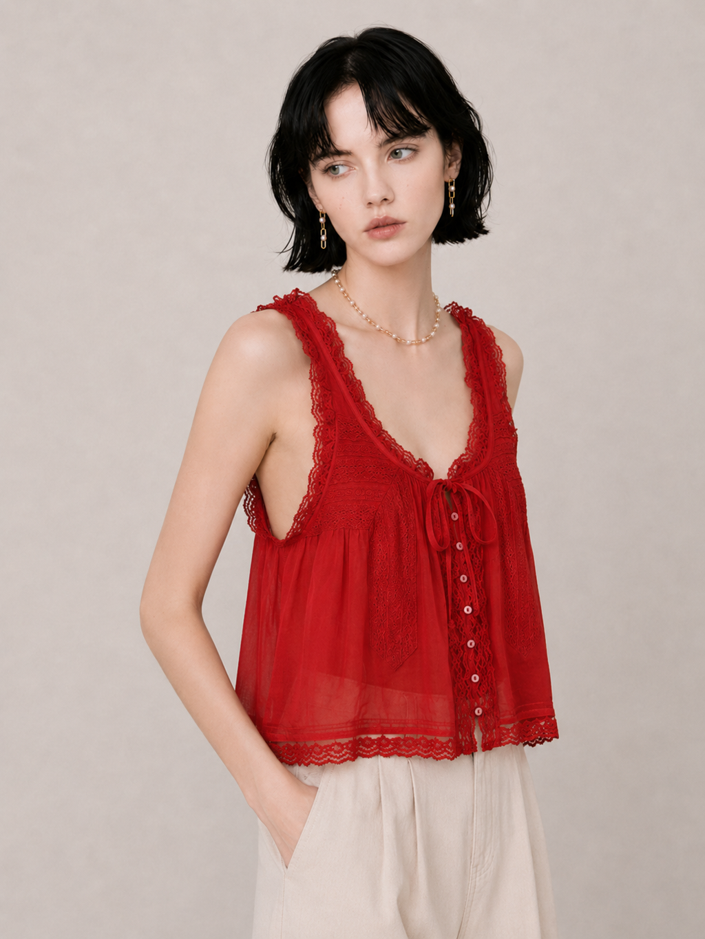 Sweet Lace-Trim Flowy Cami Top