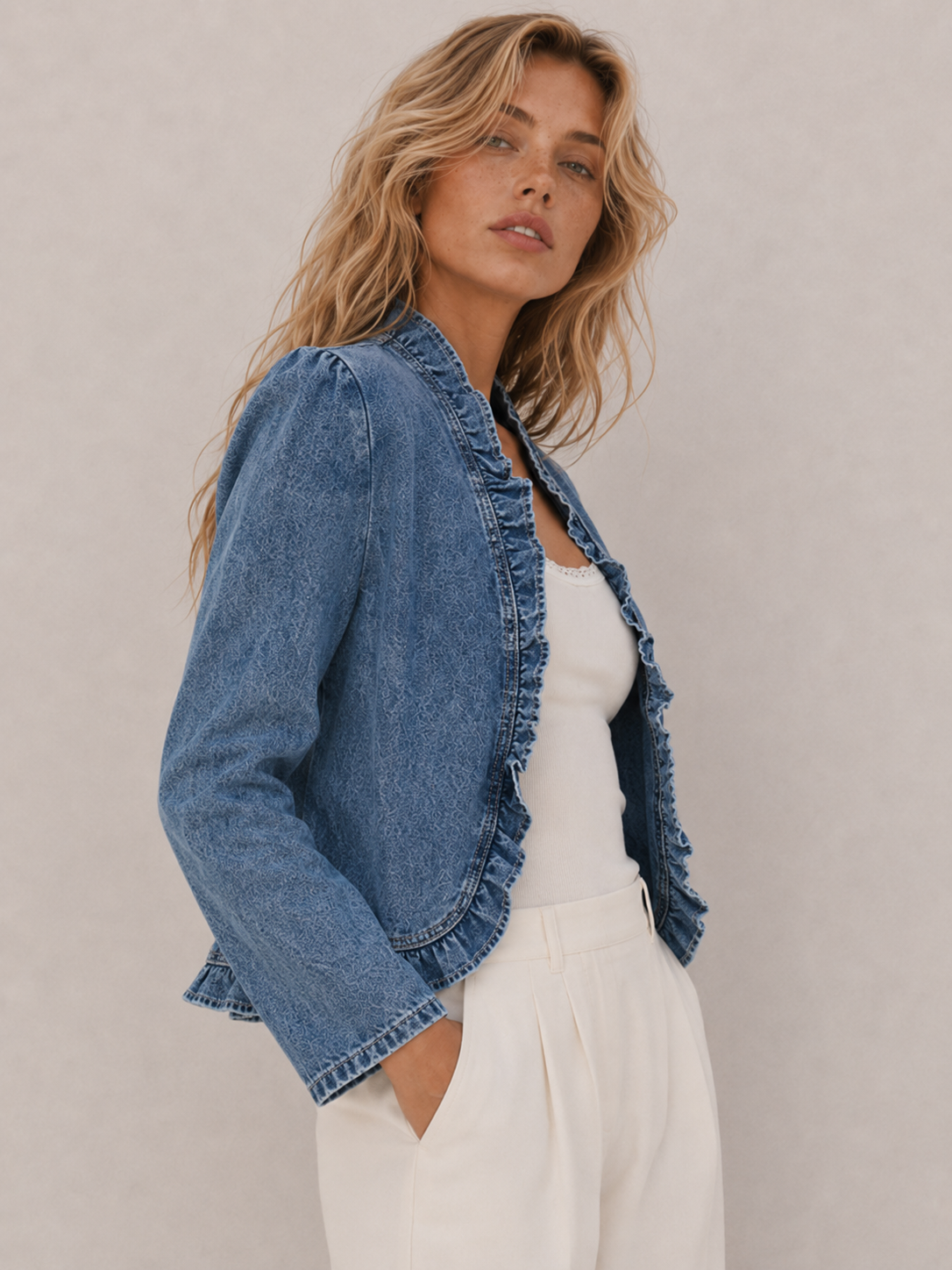 Chic Ruffle-Trim Fitted Jacket