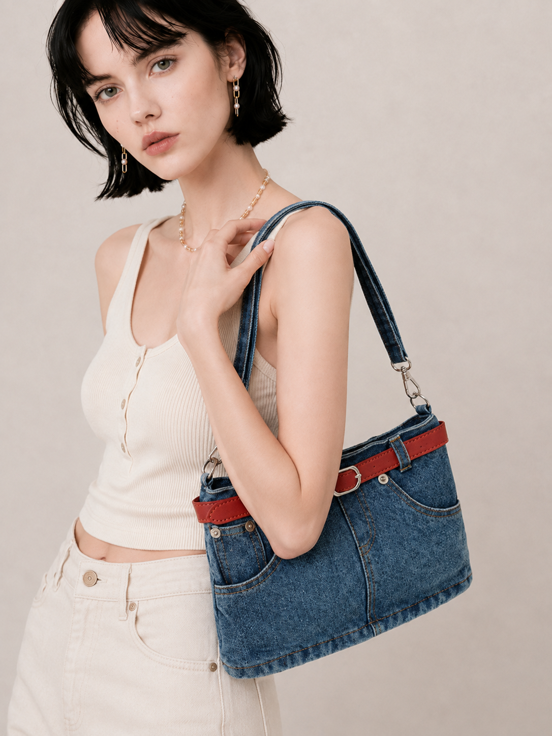 Vintage Belt-Detail Casual Shoulder Bag