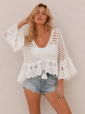 Hollow Crochet Flare Sleeve Cover Up Top