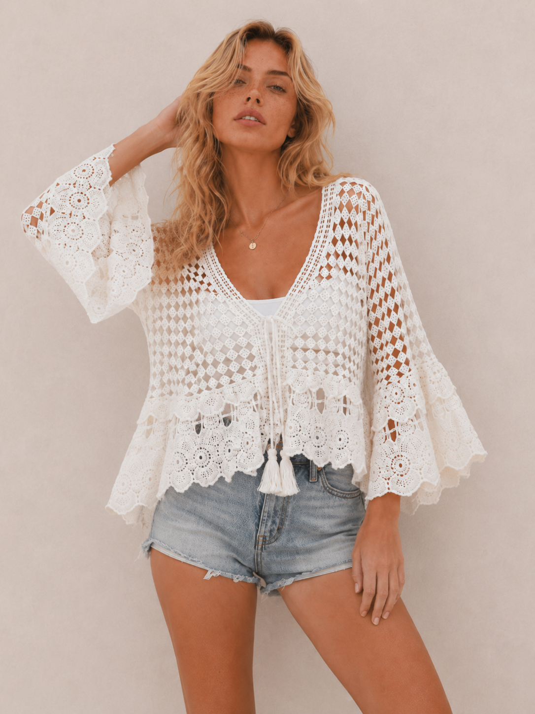 Hollow Crochet Flare Sleeve Cover Up Top
