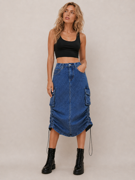 Edgy Cargo Ruched Midi Skirt