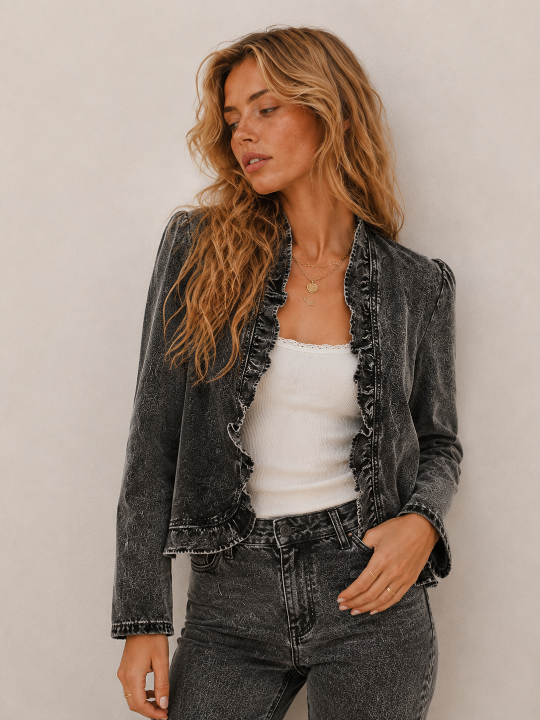 Chic Ruffle-Trim Fitted Jacket