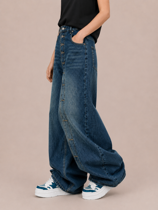 Vintage Button-Front Balloon-Leg Pants
