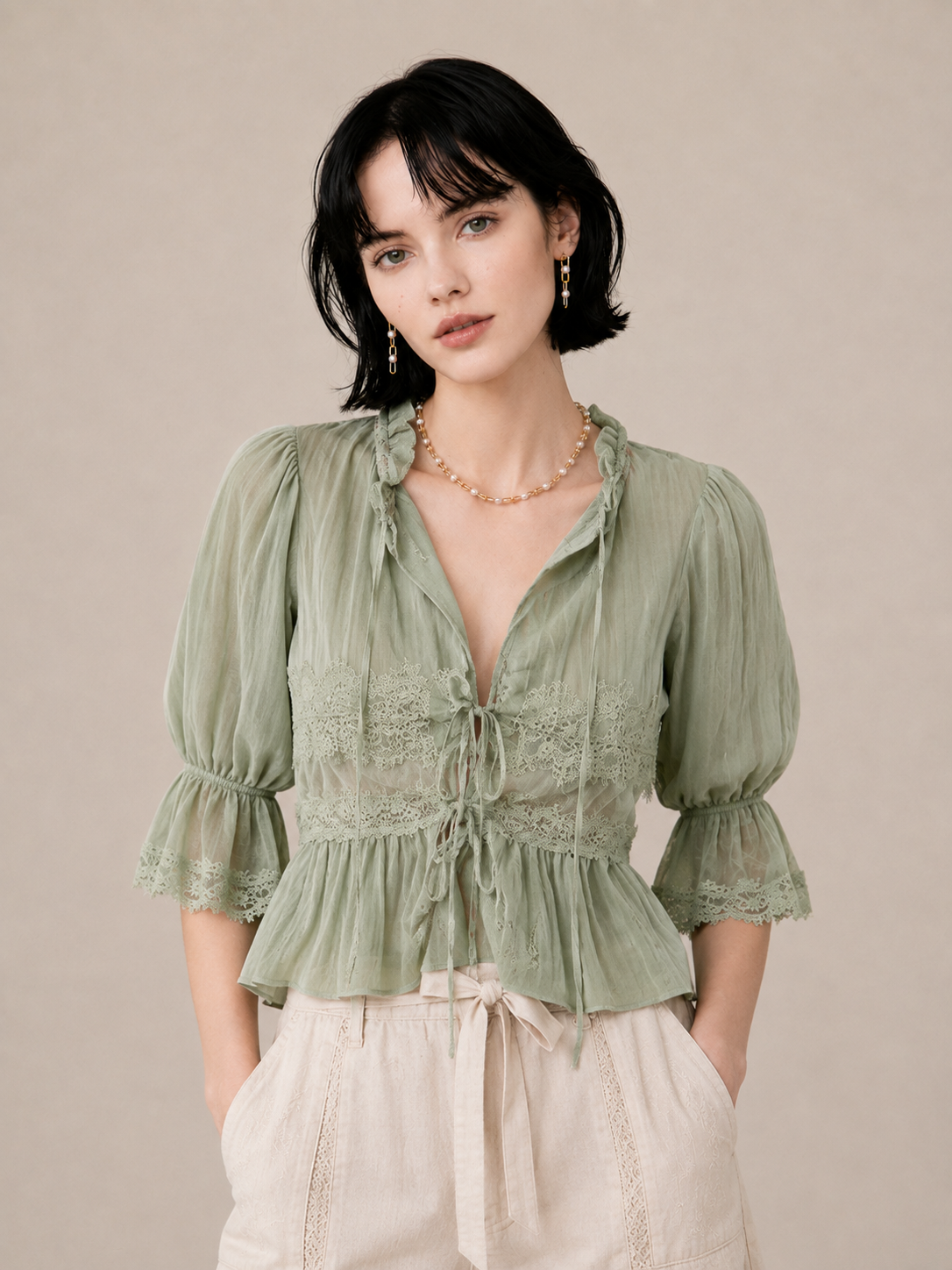 Romantic Lace-Trim Relaxed Blouse