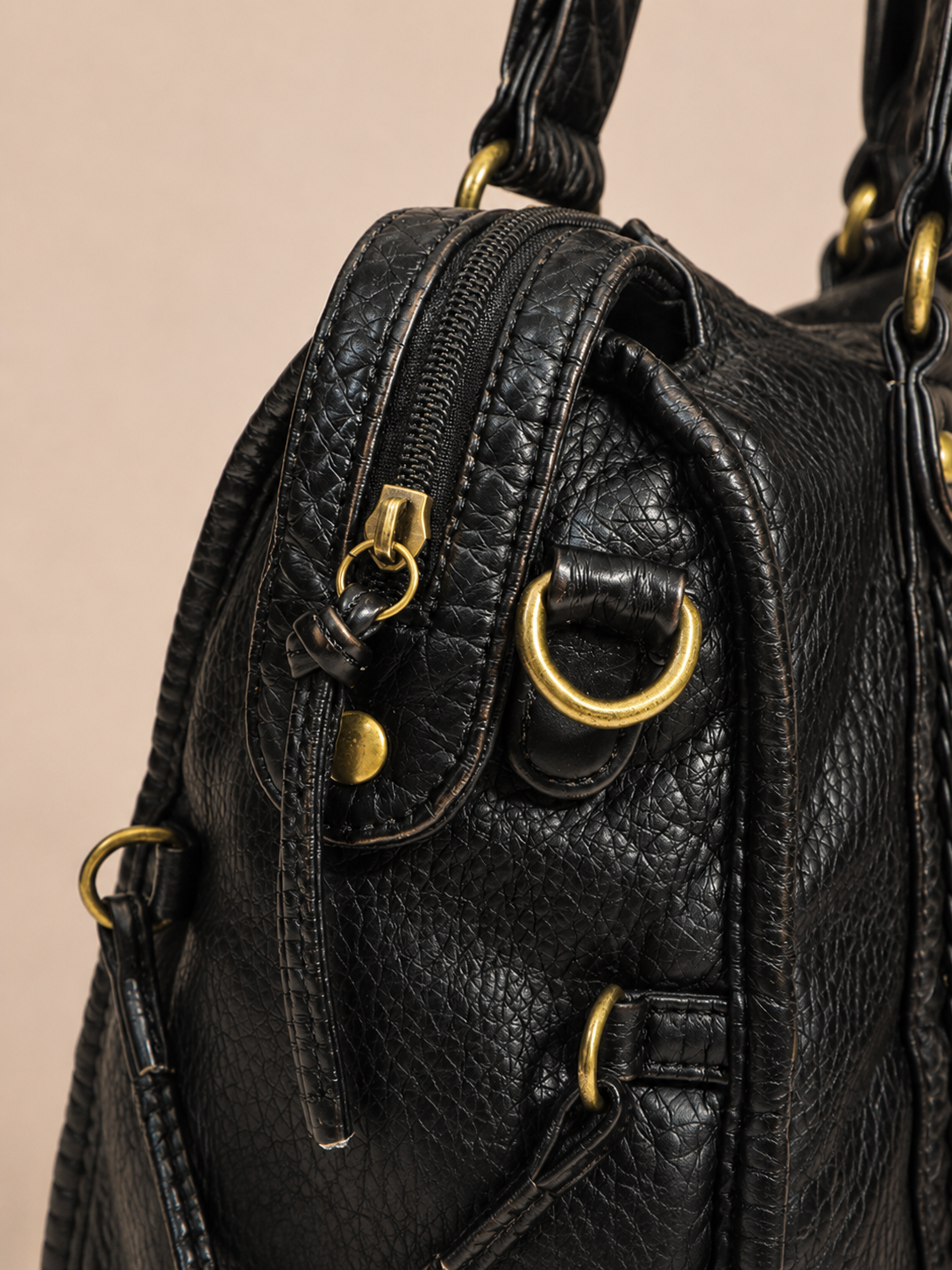 Vintage Zip-Pocket Structured Satchel Bag