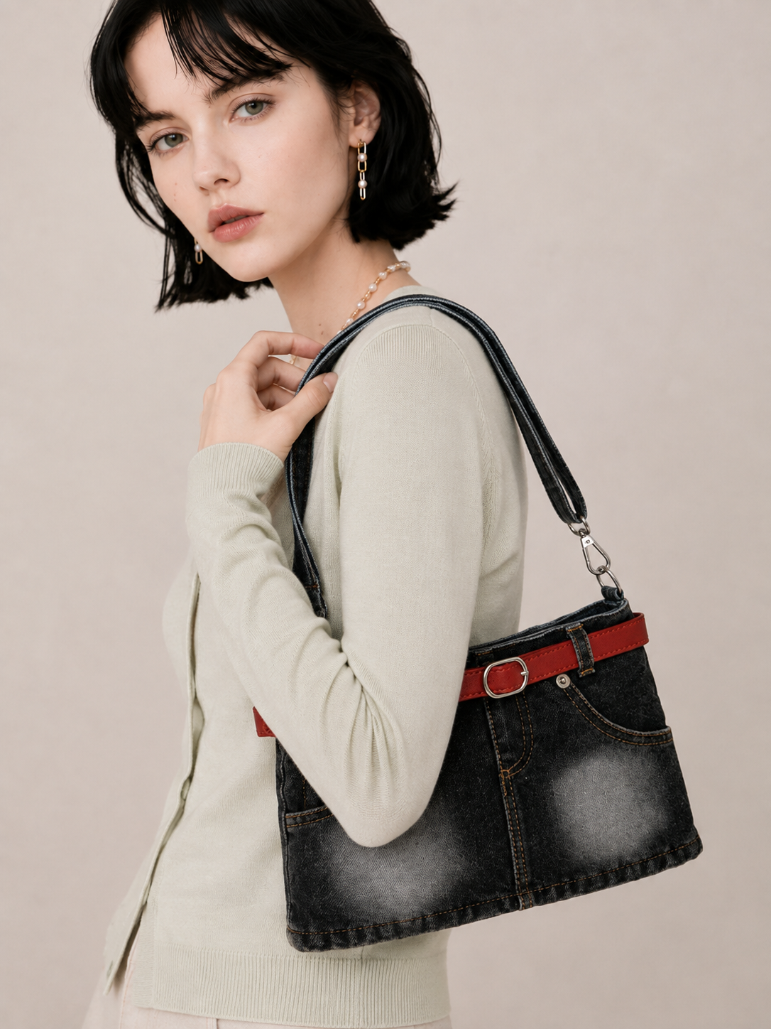 Vintage Belt-Detail Casual Shoulder Bag