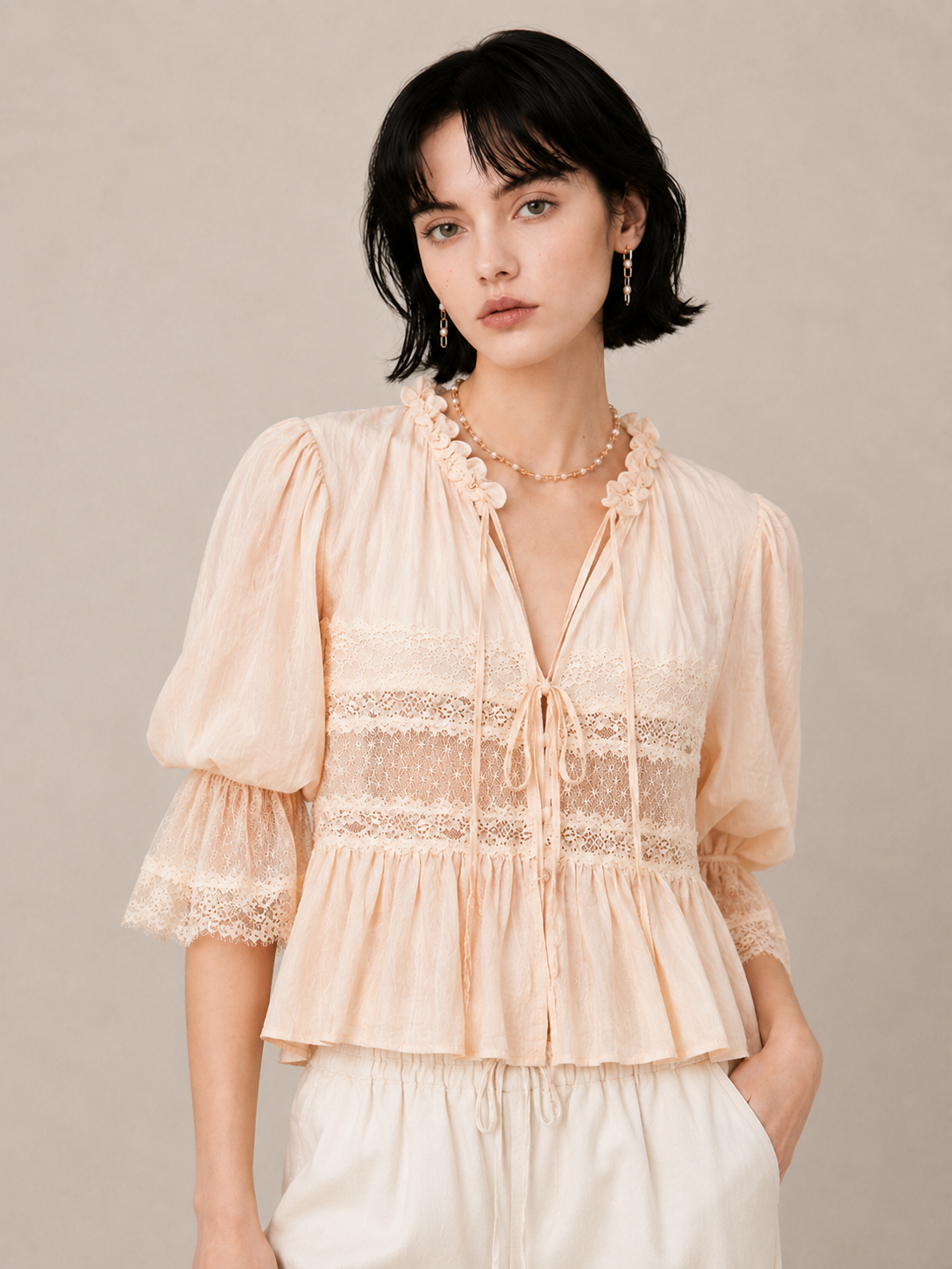 Romantic Lace-Trim Relaxed Blouse