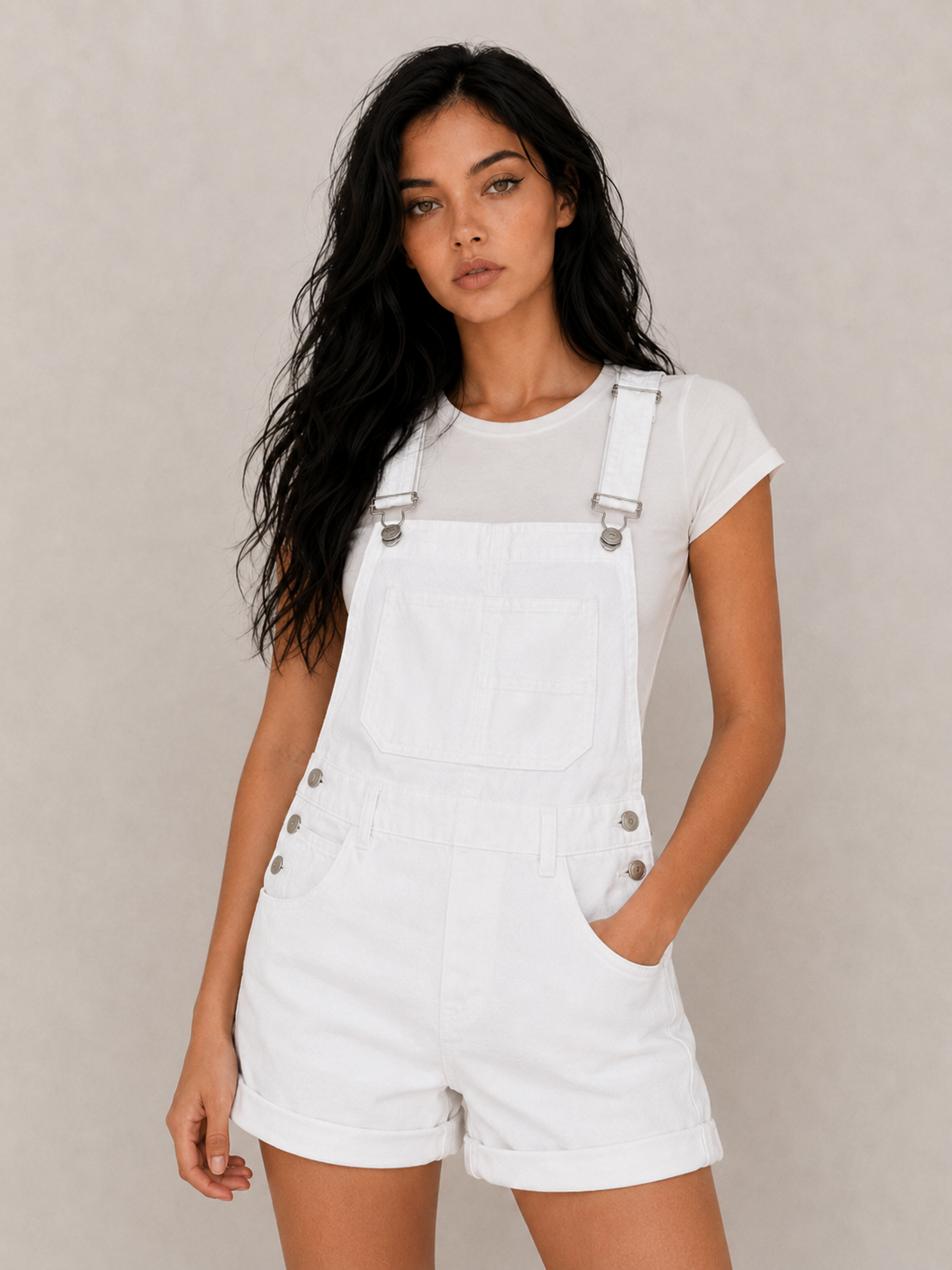 Women's Denim Short Overalls with Pocket Detail