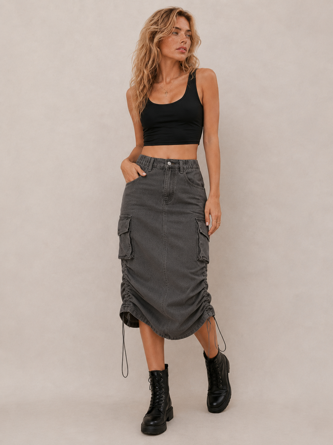 Edgy Cargo Ruched Midi Skirt