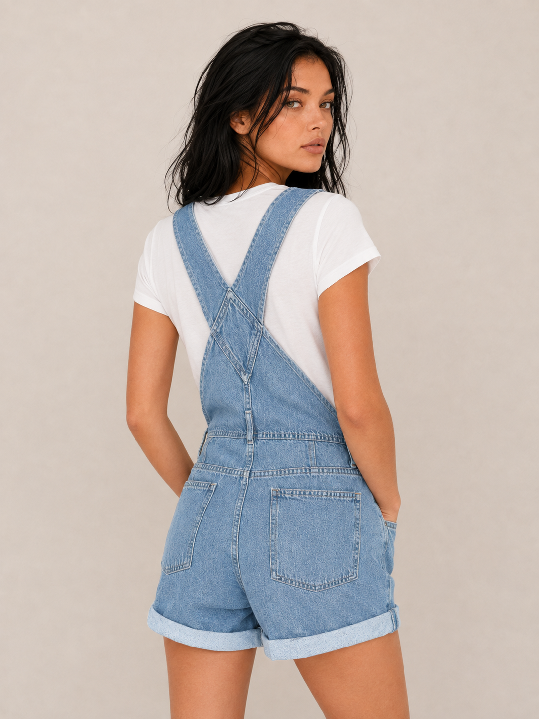 Women's Denim Short Overalls with Pocket Detail