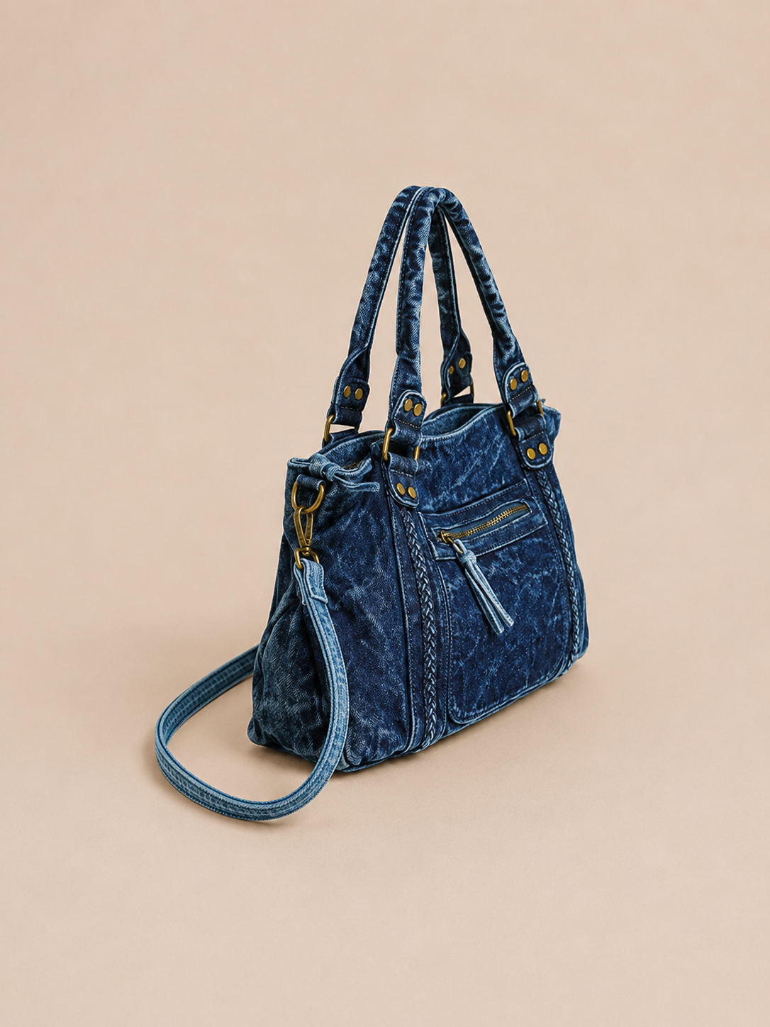 Vintage Braided-Trim Slouchy Satchel Bag