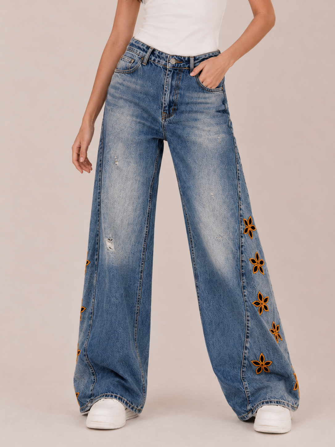 Playful Floral Embroidered Wide-Leg Jeans