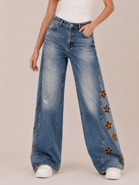 Playful Floral Embroidered Wide-Leg Jeans