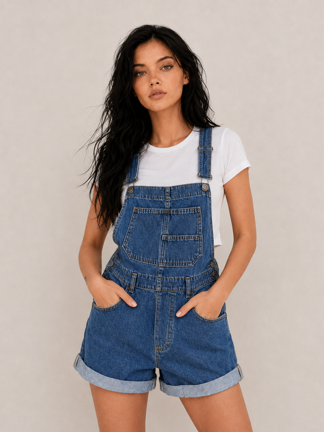 Women's Denim Short Overalls with Pocket Detail