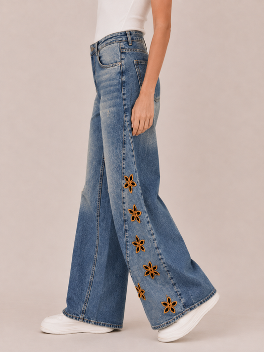 Playful Floral Embroidered Wide-Leg Jeans